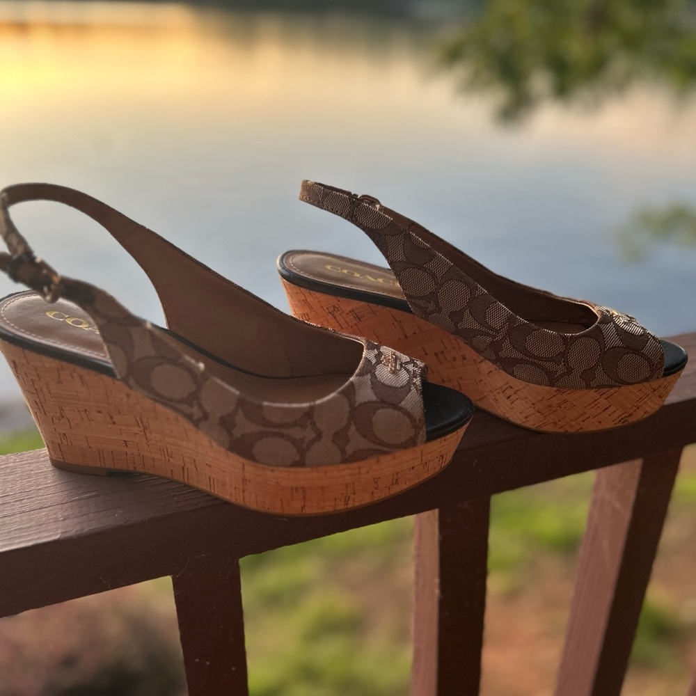 Coach logo peep toe sling back wedges